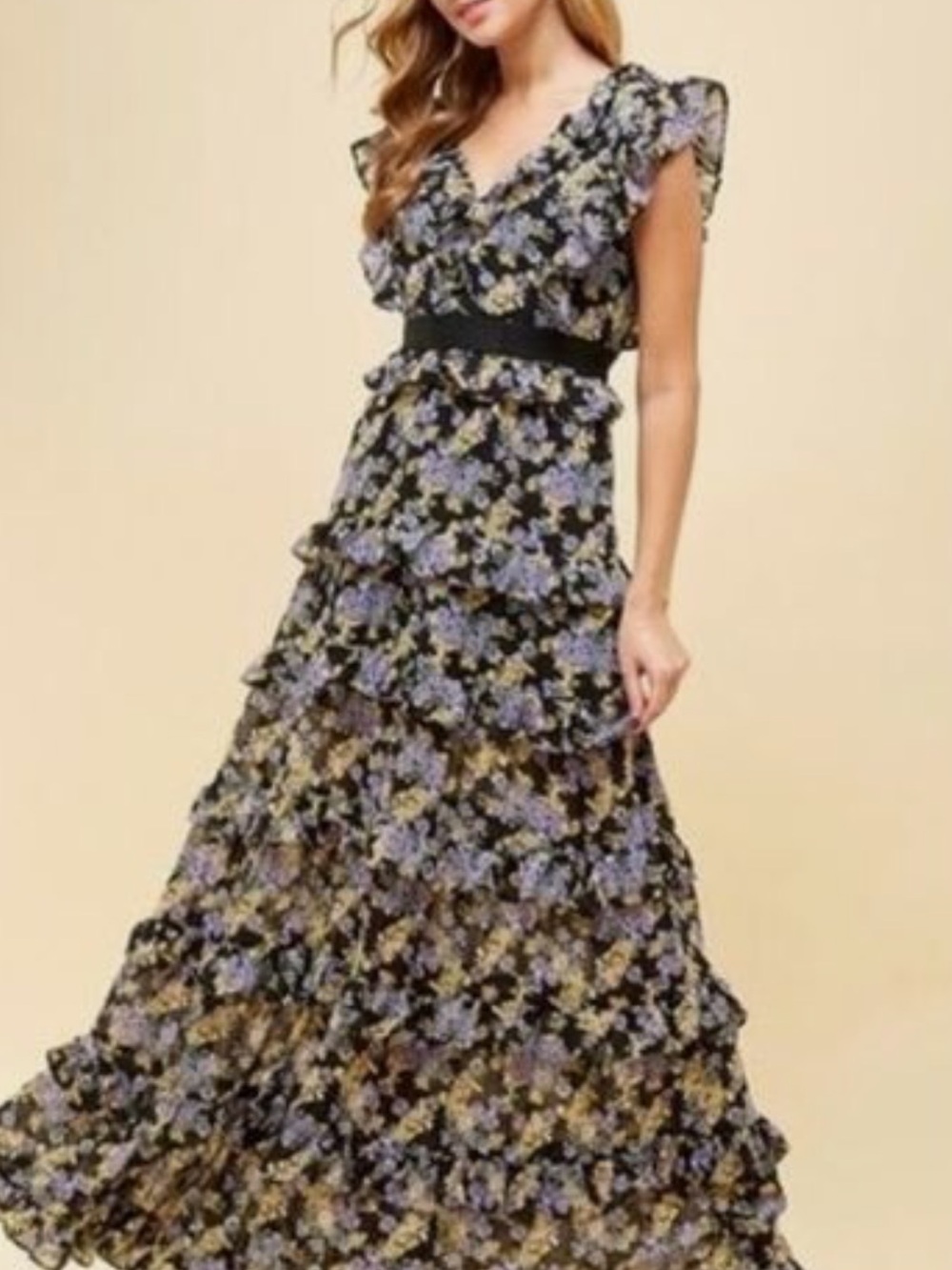Floral Ruffle Maxi Dress in Black and Lavender